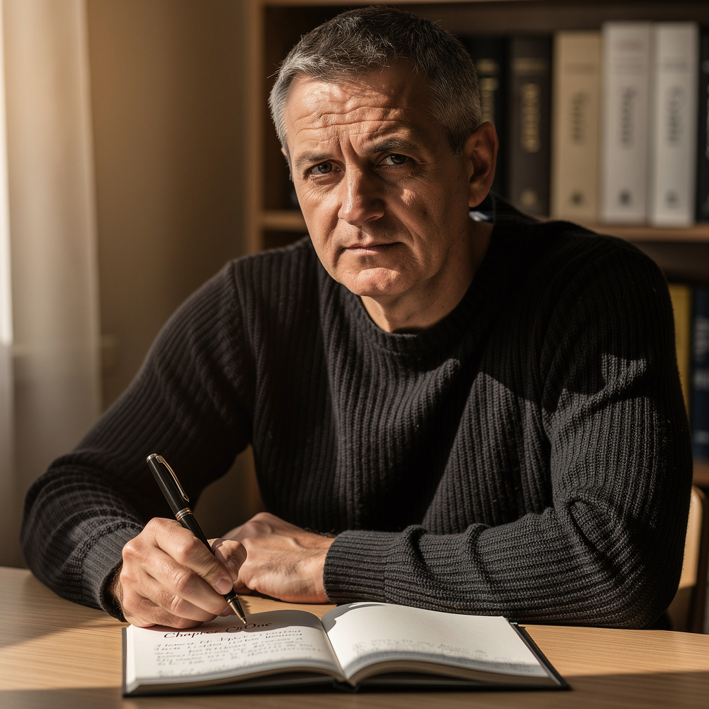 Portrait of a middle-aged Croatian male writer sitting at a wooden desk