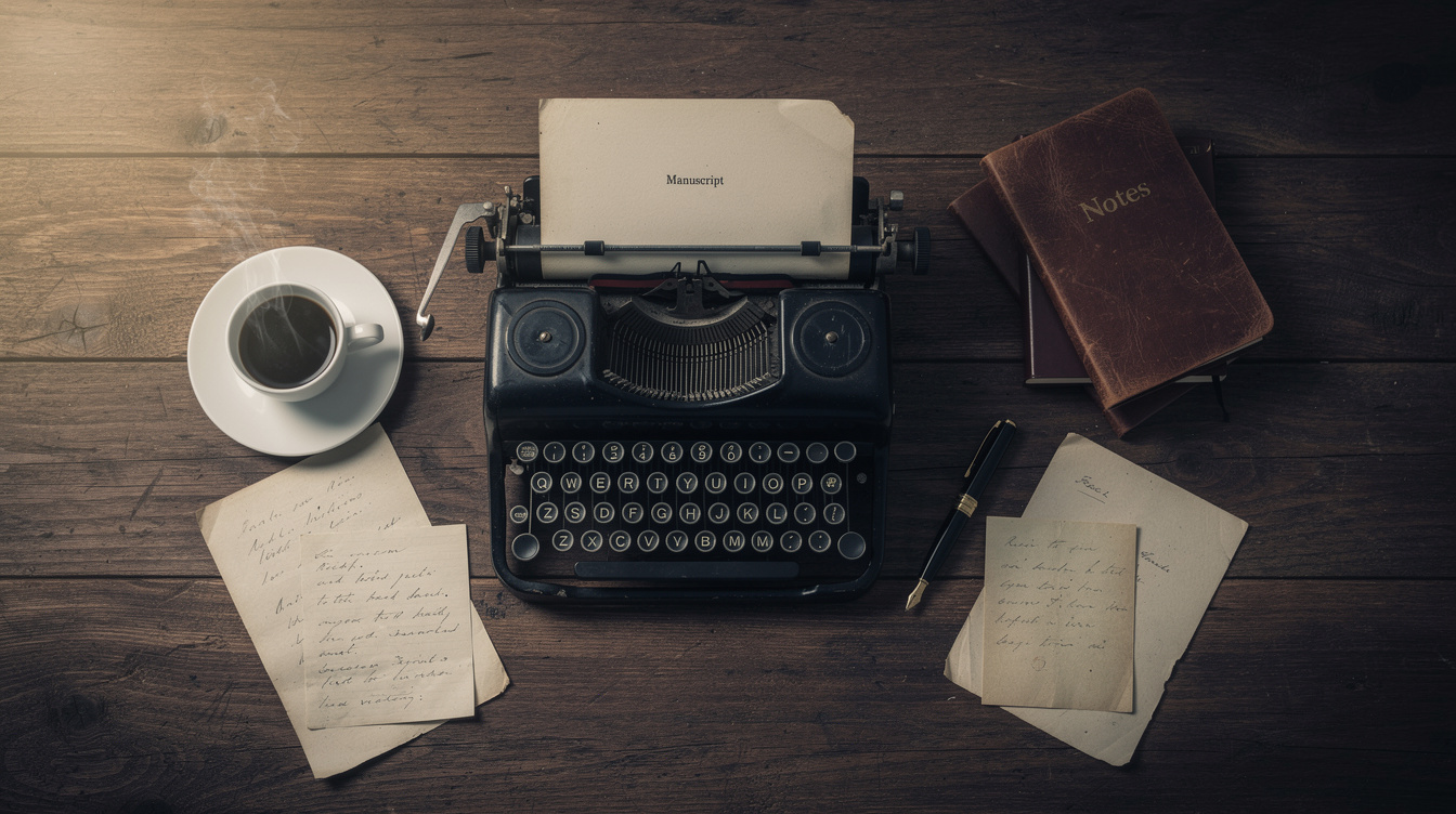 Top-down view of a vintage writer's desk with typewriter, coffee cup and notebook