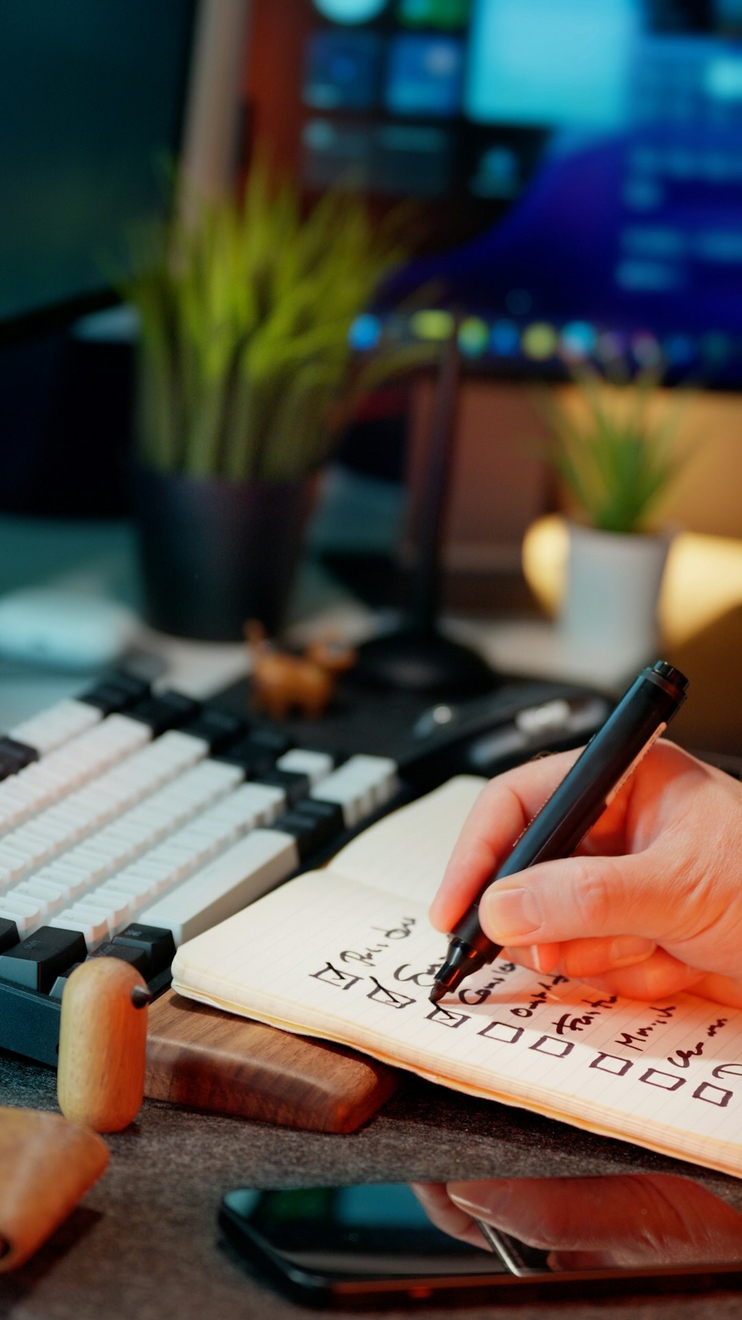 person writing in notebook at desk